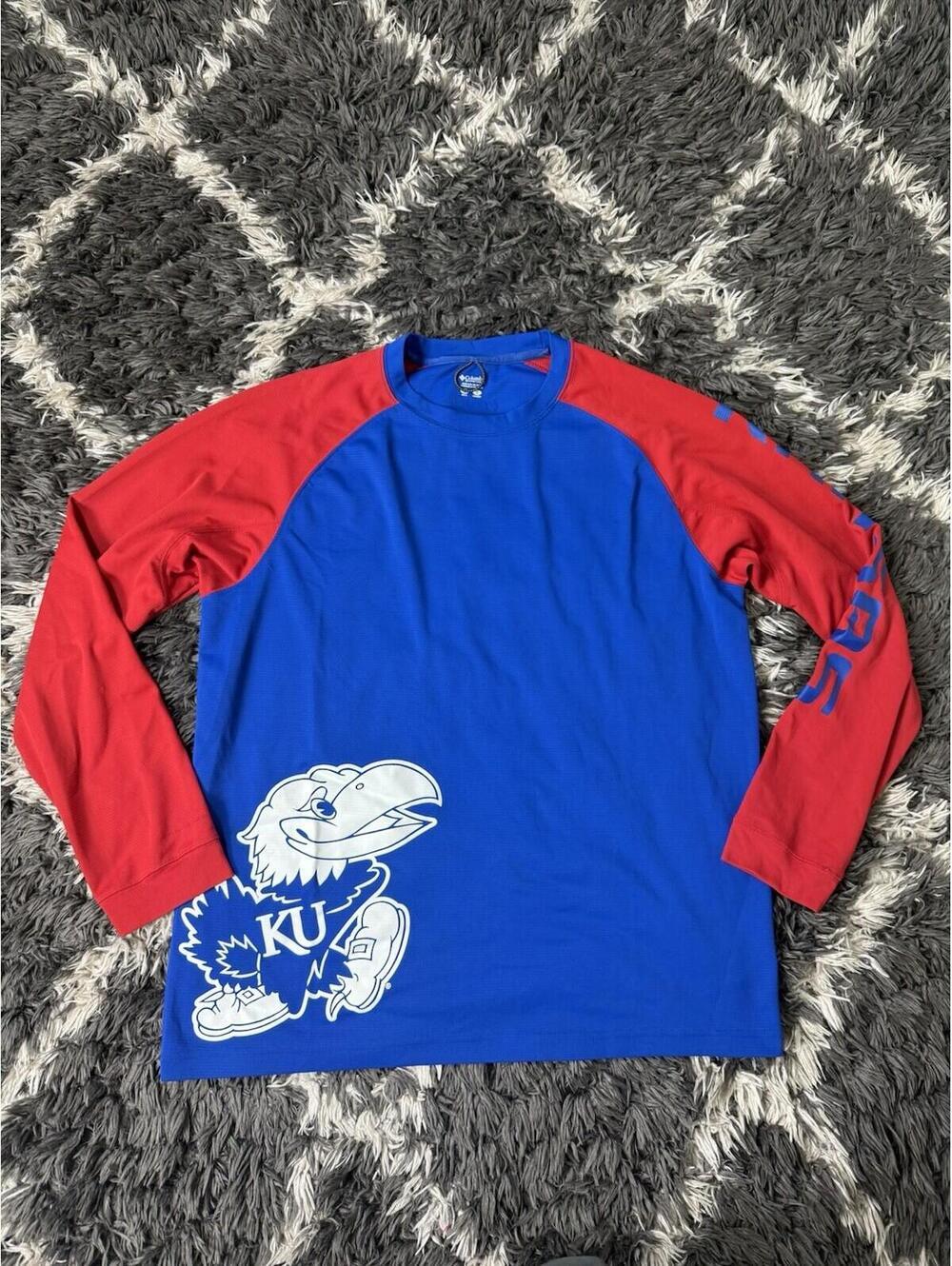 Kansas Jayhawks Columbia Long Sleeve Shirt Men’s Large Blue Pullover Crewneck
